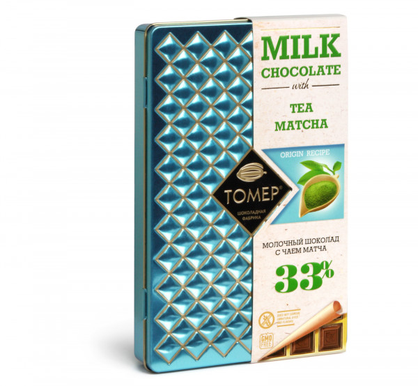 №1 Фабрика Томер металлический бокс Молочный шоколад с чаем МАТЧА ,33%  90г в Темрюке